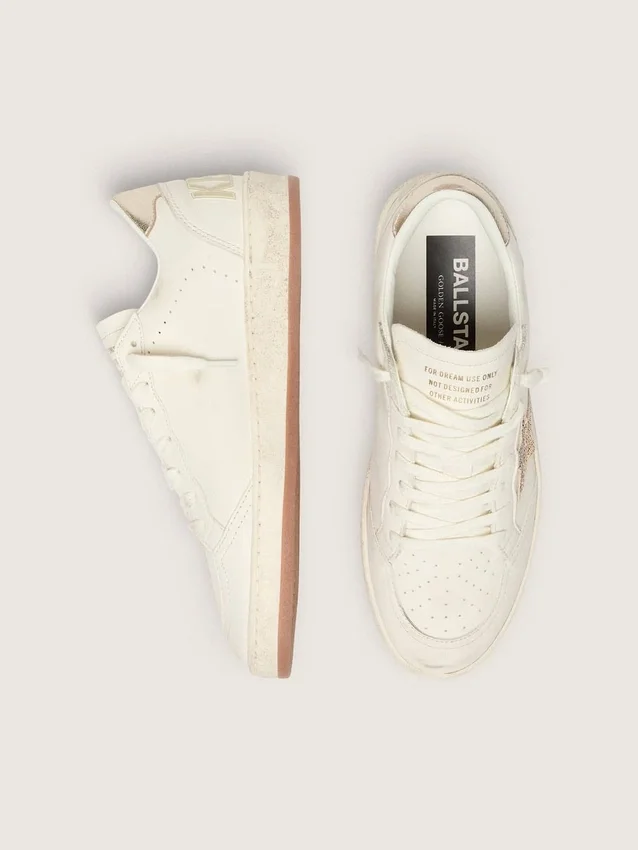 Damen-Sneaker «Ball Star» aus weissem Leder mit Kristallstern und metallischer Fersenlasche