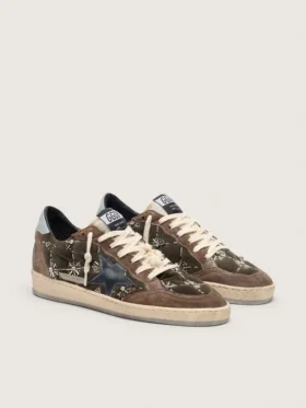 Damen-Sneaker «Ball Star LAB» aus braunem Matelassé-Samt mit Strasssteinen und schwarzem Lederstern