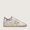 Damen-Sneaker «Ball Star LAB» aus weissem Nylon und Ponyfell mit silbernem Stern und lila Einsätzen