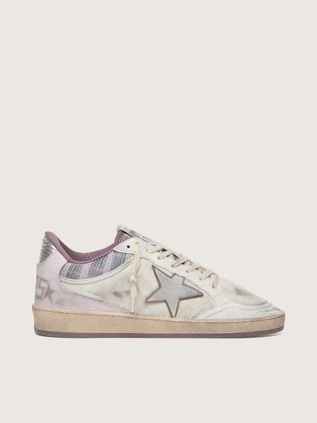 Damen-Sneaker «Ball Star LAB» aus weissem Nylon und Ponyfell mit silbernem Stern und lila Einsätzen