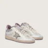 Damen-Sneaker «Ball Star LAB» aus weissem Nylon und Ponyfell mit silbernem Stern und lila Einsätzen