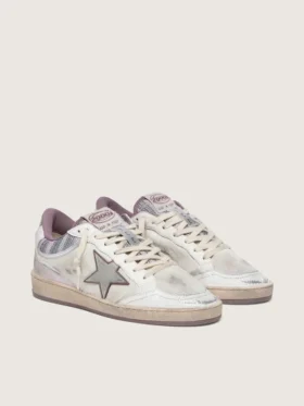 Damen-Sneaker «Ball Star LAB» aus weissem Nylon und Ponyfell mit silbernem Stern und lila Einsätzen