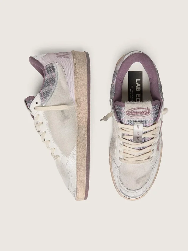 Damen-Sneaker «Ball Star LAB» aus weissem Nylon und Ponyfell mit silbernem Stern und lila Einsätzen