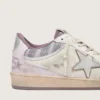 Damen-Sneaker «Ball Star LAB» aus weissem Nylon und Ponyfell mit silbernem Stern und lila Einsätzen