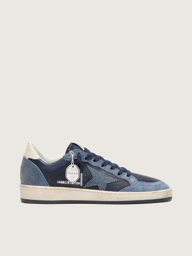 Damen-Sneaker «Ball Star LTD» aus dunkelblauem Leder mit hellblauem Swarovski-Kristallstern und Wildledereinsätzen