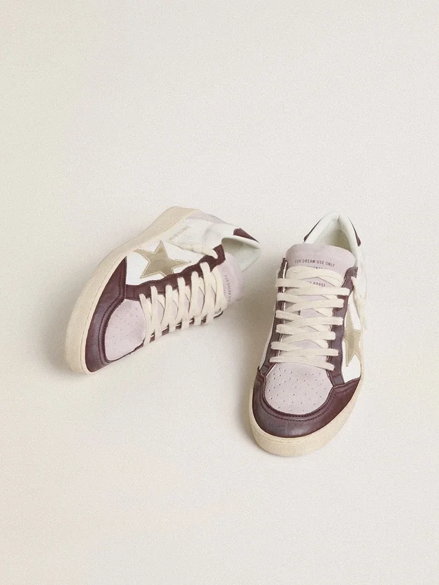 Damen-Sneaker «Ball Star LTD» aus Nappa mit platinfarbenem Lederstern und Fersenlasche aus burgunderrotem Nubukleder