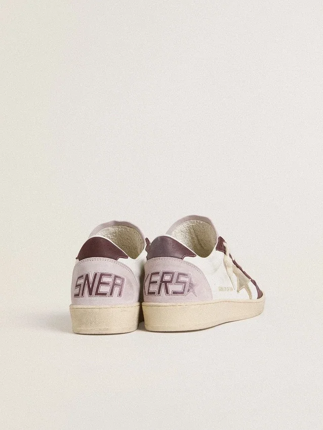 Damen-Sneaker «Ball Star LTD» aus Nappa mit platinfarbenem Lederstern und Fersenlasche aus burgunderrotem Nubukleder