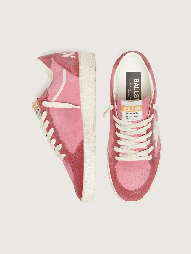Damen-Sneaker «Ball Star LTD» aus rosa Wildleder mit cremefarbenem Lederstern und roten Wildledereinsätzen