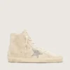Damen-Sneaker «Francy» aus beigem Wildleder mit silbernem Glitzerstern