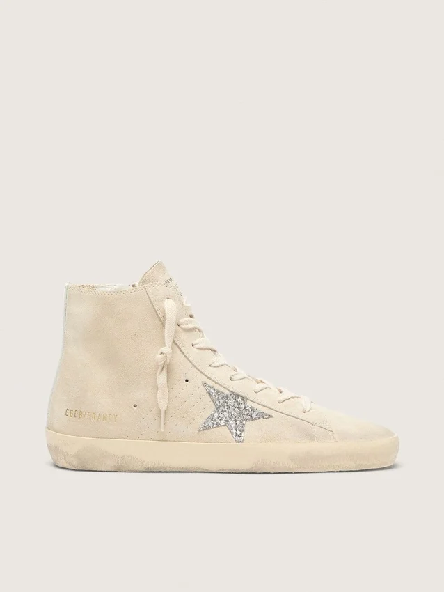 Damen-Sneaker «Francy» aus beigem Wildleder mit silbernem Glitzerstern