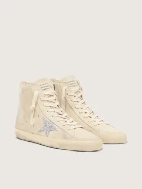 Damen-Sneaker «Francy» aus beigem Wildleder mit silbernem Glitzerstern