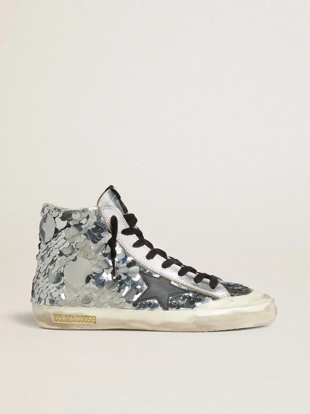 Damen-Sneaker «Francy» aus Nylon mit durchgehenden silbernen Pailletten und schwarzem Lederstern