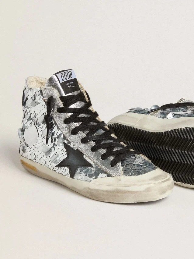 Damen-Sneaker «Francy» aus Nylon mit durchgehenden silbernen Pailletten und schwarzem Lederstern
