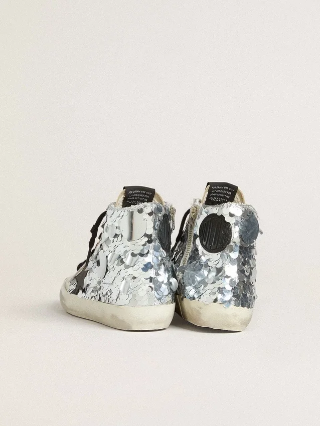 Damen-Sneaker «Francy» aus Nylon mit durchgehenden silbernen Pailletten und schwarzem Lederstern