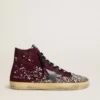 Damen-Sneaker «Francy LAB» aus burgunderrotem Wildleder mit glänzendem schwarzen Lederstern und Strasssteinen