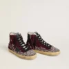 Damen-Sneaker «Francy LAB» aus burgunderrotem Wildleder mit glänzendem schwarzen Lederstern und Strasssteinen