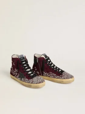 Damen-Sneaker «Francy LAB» aus burgunderrotem Wildleder mit glänzendem schwarzen Lederstern und Strasssteinen