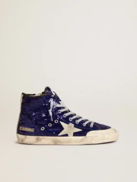 Damen-Sneaker «Francy Penstar» in leuchtend blauen Pailletten mit eisgrauem Stern aus Wildleder