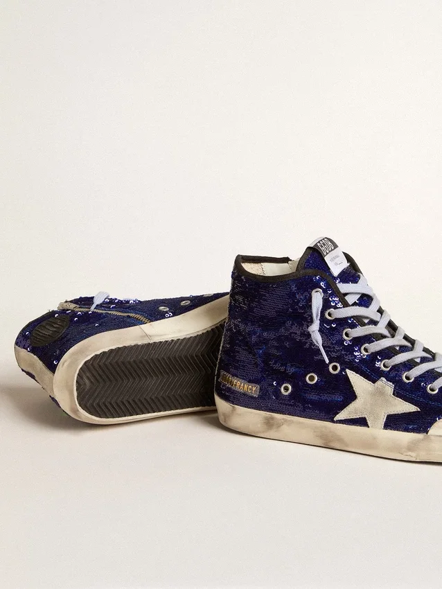 Damen-Sneaker «Francy Penstar» in leuchtend blauen Pailletten mit eisgrauem Stern aus Wildleder