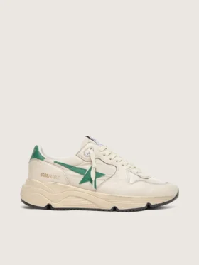 Damen-Sneaker mit Running Sole aus cremefarbenem Nylon und Leder mit grünem Lederstern