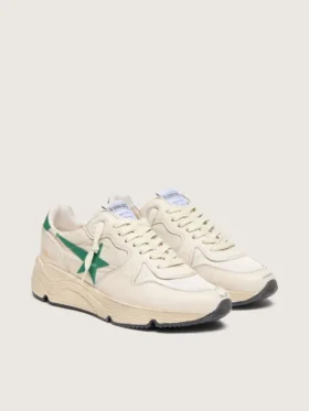 Damen-Sneaker mit Running Sole aus cremefarbenem Nylon und Leder mit grünem Lederstern