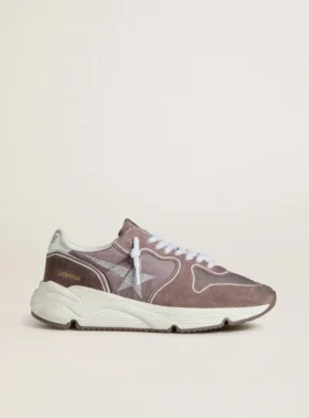 Damen-Sneaker mit Running Sole aus lavendelfarbenem Nylon und Wildleder mit aufgedrucktem Stern und silberner Lederlasche an der Ferse