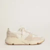 Damen-Sneaker «Running Sole» aus Canvas mit beigem Stern und Fersenlasche aus platinfarbenem Metallic-Leder
