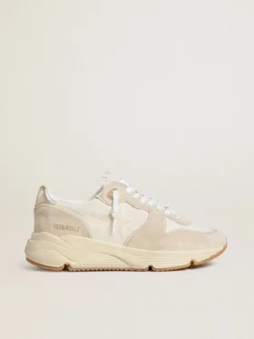 Damen-Sneaker «Running Sole» aus Canvas mit beigem Stern und Fersenlasche aus platinfarbenem Metallic-Leder