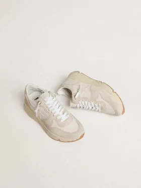 Damen-Sneaker «Running Sole» aus Canvas mit beigem Stern und Fersenlasche aus platinfarbenem Metallic-Leder