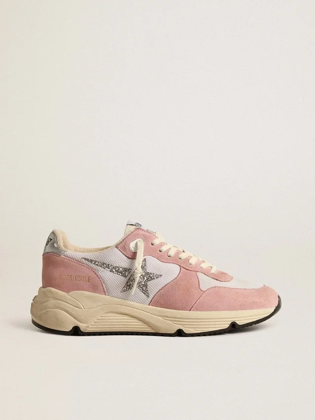 Damen-Sneaker «Running Sole» aus grauem Mesh und Wildleder mit silbernem Glitzerstern