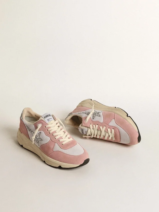 Damen-Sneaker «Running Sole» aus grauem Mesh und Wildleder mit silbernem Glitzerstern