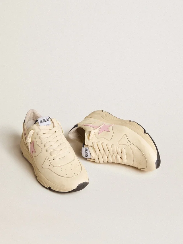 Damen-Sneaker «Running Sole» aus Nappaleder mit rosa Lederstern und blauer Lederlasche an der Ferse