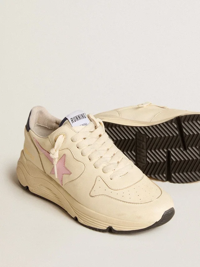 Damen-Sneaker «Running Sole» aus Nappaleder mit rosa Lederstern und blauer Lederlasche an der Ferse
