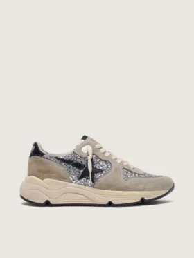 Damen-Sneaker «Running Sole» in silbernem Glitzer und taubengrauem Wildleder