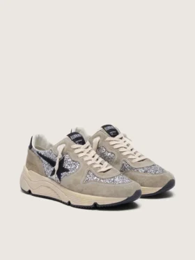 Damen-Sneaker «Running Sole» in silbernem Glitzer und taubengrauem Wildleder