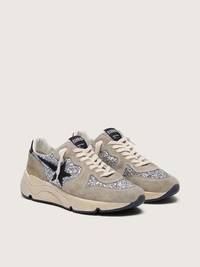 Damen-Sneaker «Running Sole» in silbernem Glitzer und taubengrauem Wildleder