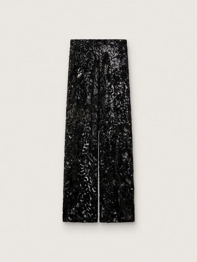 Damen-Tüllhose mit Blumenstickerei aus schwarzen Pailletten