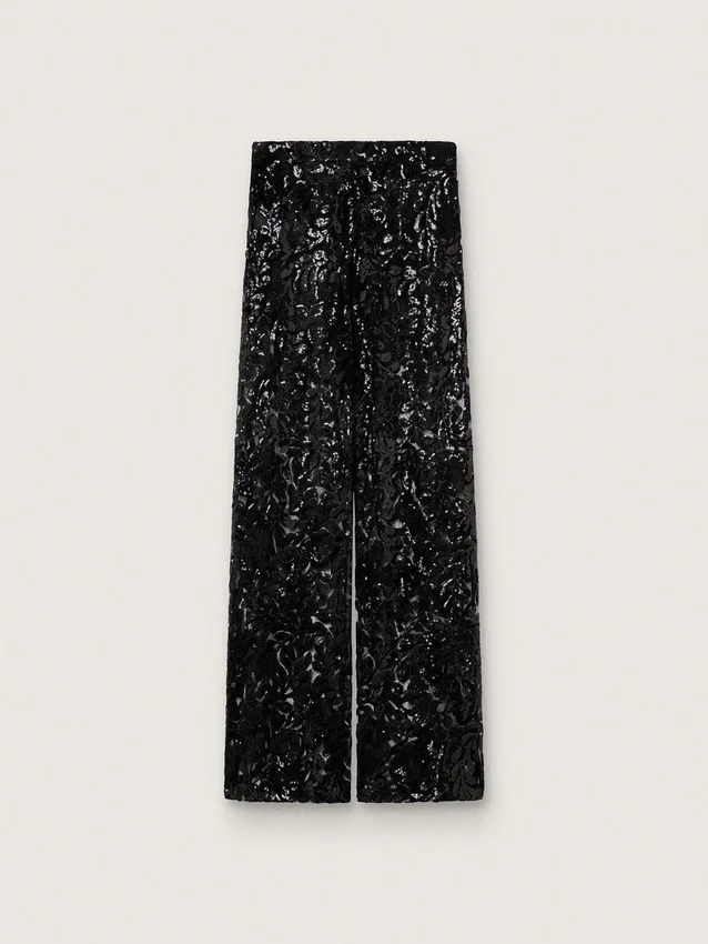 Damen-Tüllhose mit Blumenstickerei aus schwarzen Pailletten