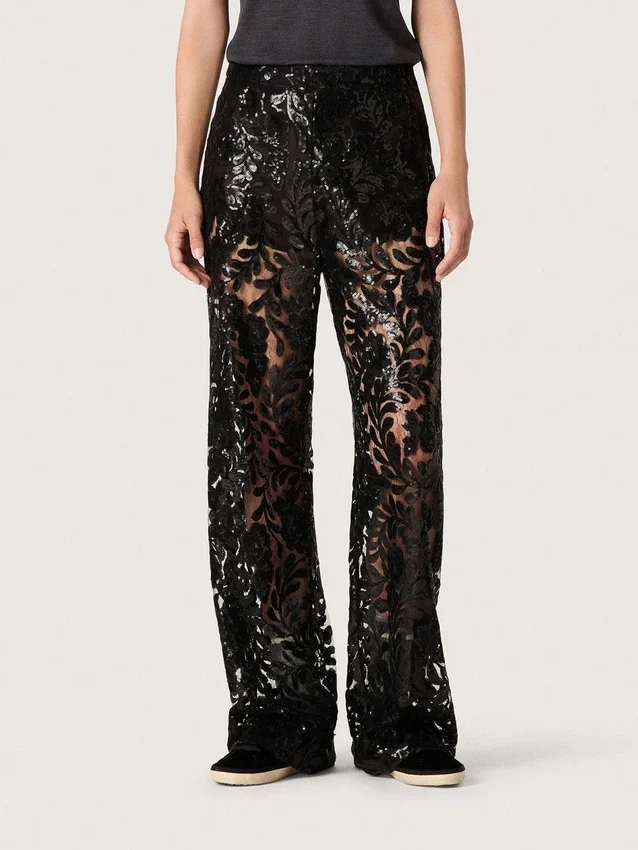 Damen-Tüllhose mit Blumenstickerei aus schwarzen Pailletten