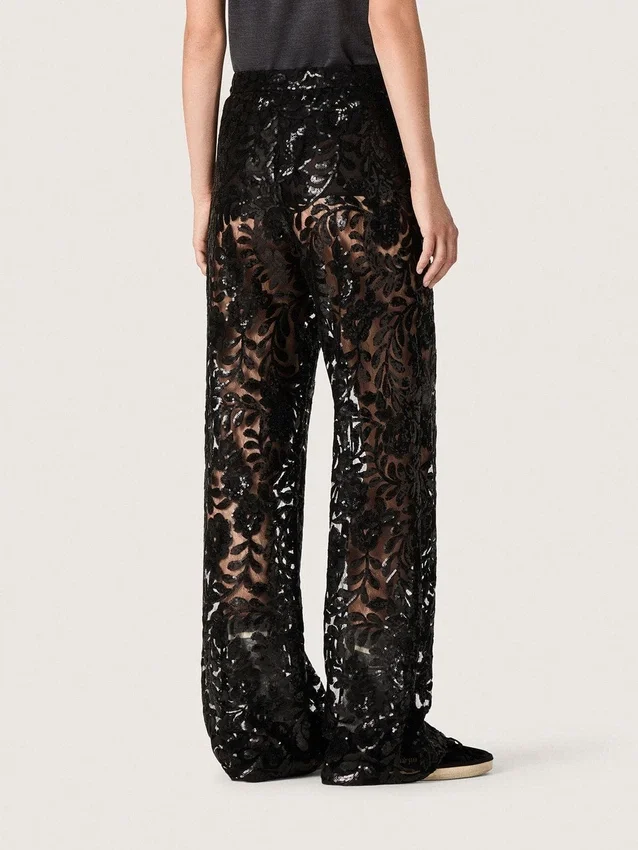 Damen-Tüllhose mit Blumenstickerei aus schwarzen Pailletten