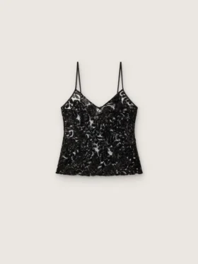 Damen-Top aus schwarzem Tüll mit Blumenmuster aus schwarzen Pailletten