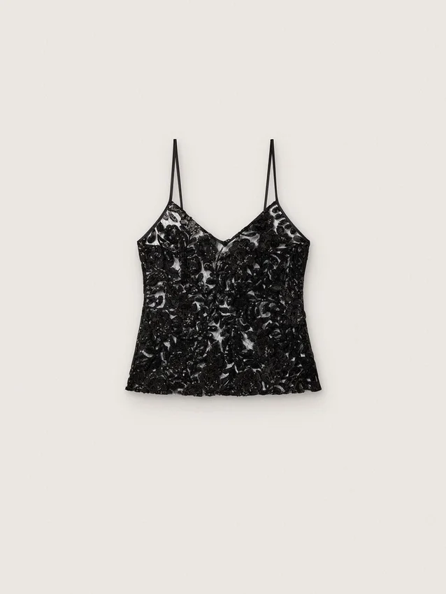 Damen-Top aus schwarzem Tüll mit Blumenmuster aus schwarzen Pailletten