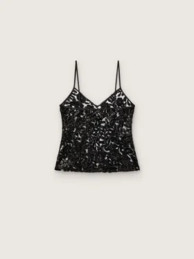 Damen-Top aus schwarzem Tüll mit Blumenmuster aus schwarzen Pailletten