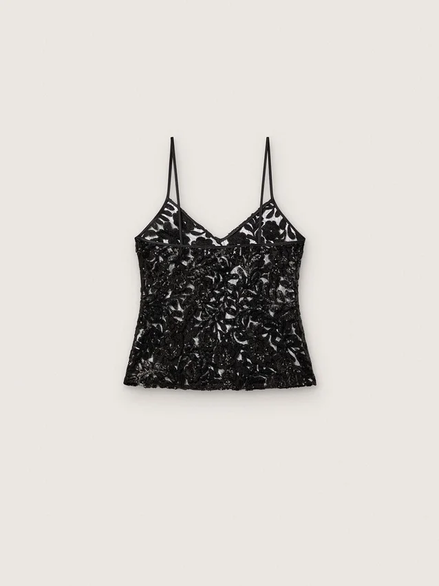Damen-Top aus schwarzem Tüll mit Blumenmuster aus schwarzen Pailletten