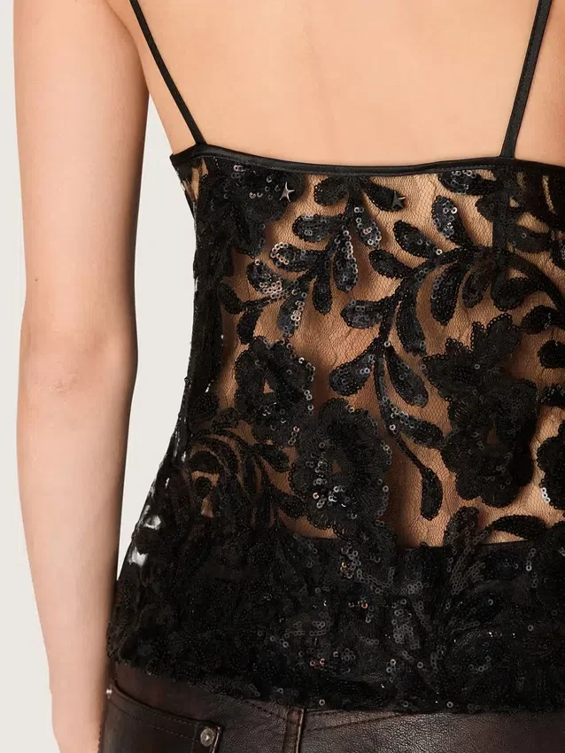 Damen-Top aus schwarzem Tüll mit Blumenmuster aus schwarzen Pailletten