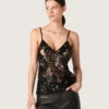 Damen-Top aus schwarzem Tüll mit Blumenmuster aus schwarzen Pailletten