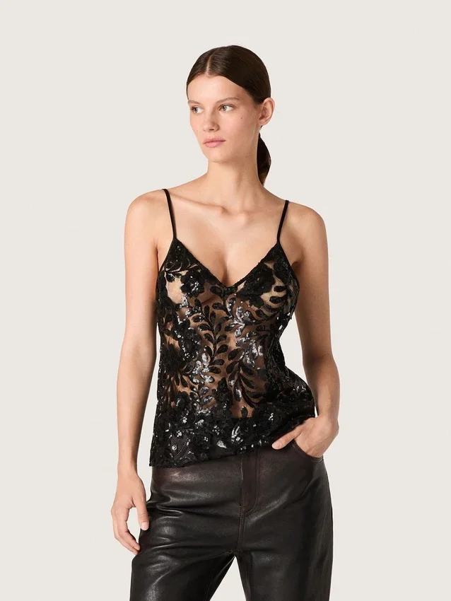Damen-Top aus schwarzem Tüll mit Blumenmuster aus schwarzen Pailletten