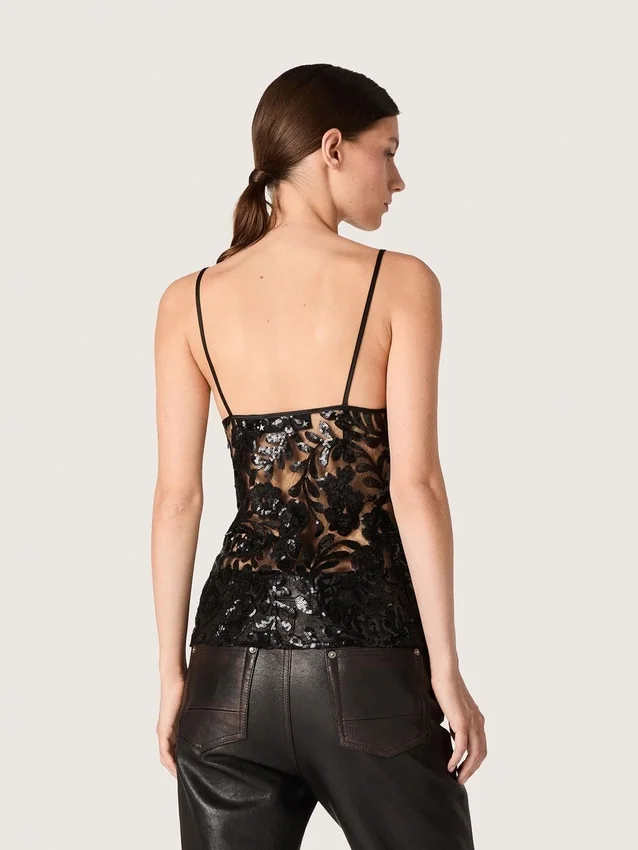 Damen-Top aus schwarzem Tüll mit Blumenmuster aus schwarzen Pailletten
