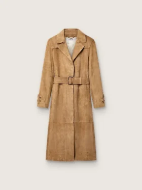 Damen-Trenchcoat mit Gürtel aus sandfarbenem Wildleder