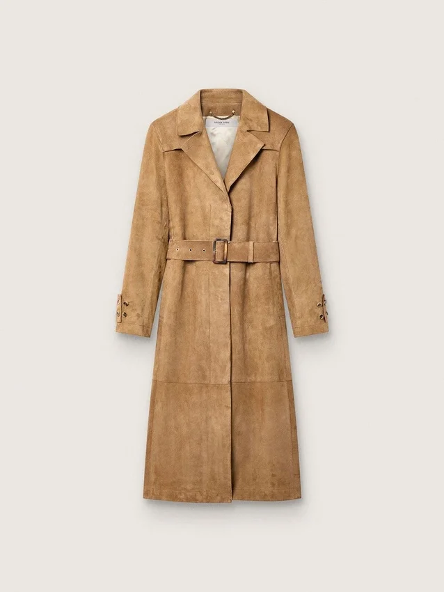 Damen-Trenchcoat mit Gürtel aus sandfarbenem Wildleder